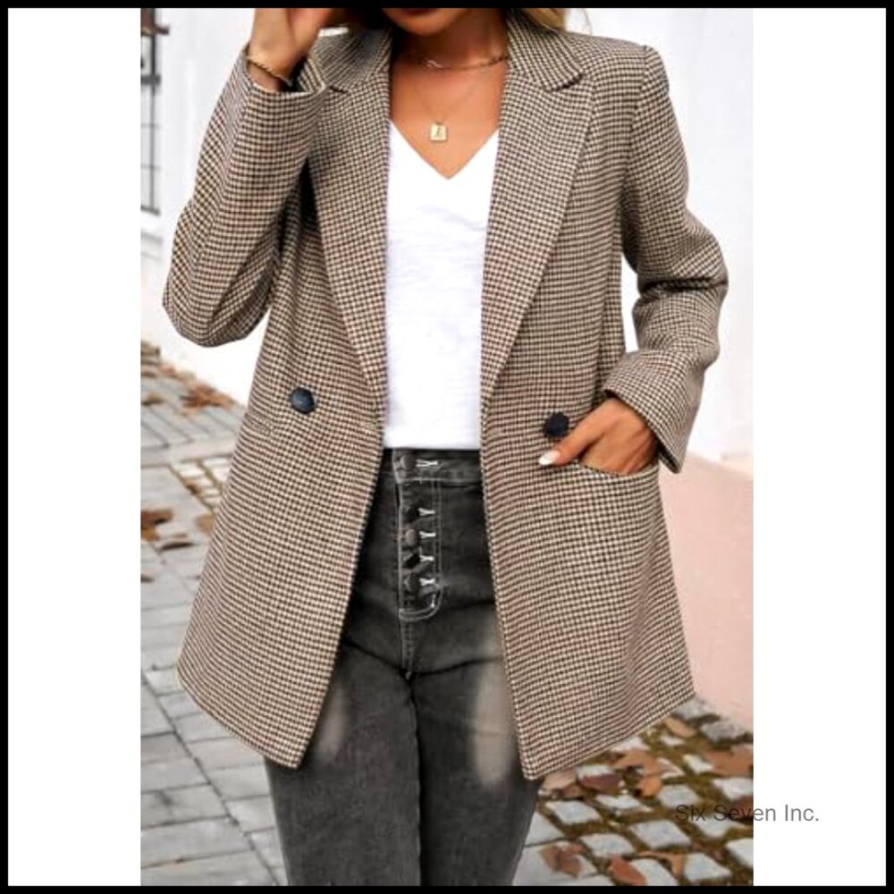 Polyester Blend Houndstooth Blazer Open Front Lap… - image 4